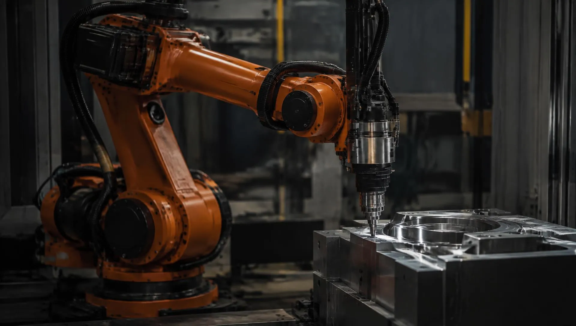 Orange industrial robotic arm machining a metal component