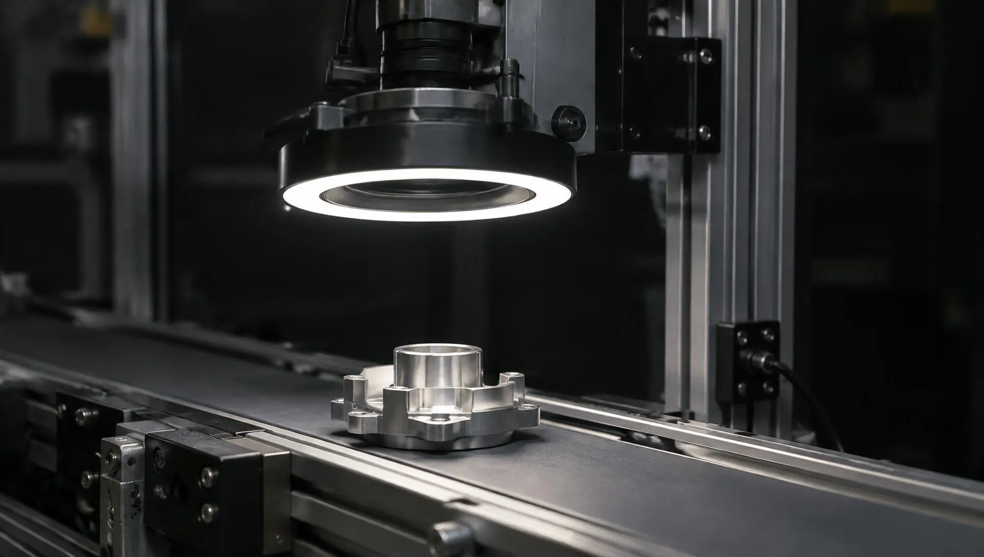 Machine vision camera inspecting a machined metal part