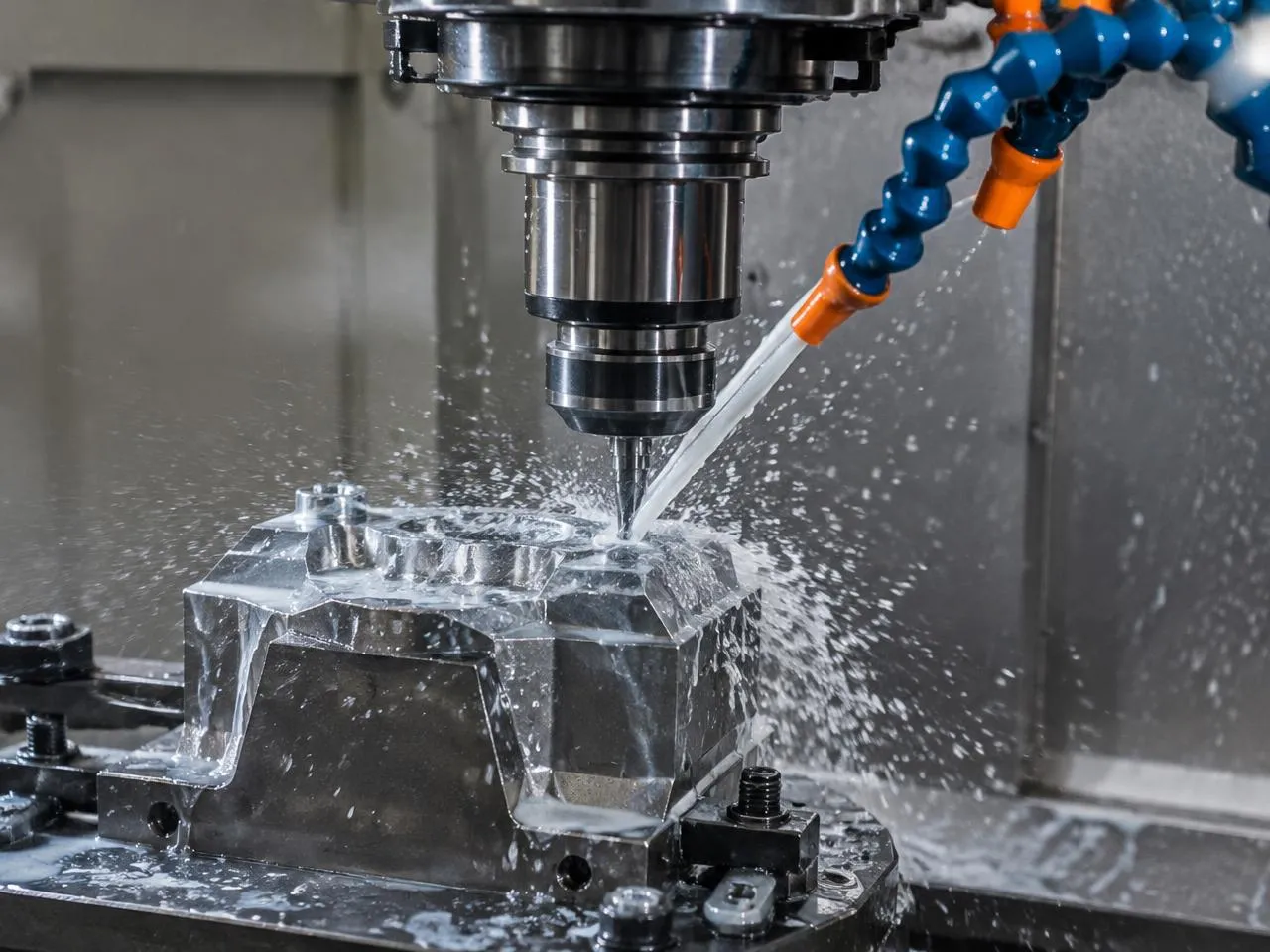 CNC spindle machining a precision metal part with coolant